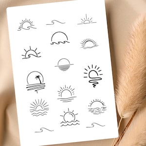 Puede incluir: Una hoja blanca con varias ilustraciones de arte lineal negro de soles, olas y una palmera. Los diseños varían en estilo, algunos mostrando el sol poniéndose sobre el océano. El tema general es una vibra de playa o verano.