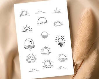 Minimalist Wave & Sun Temporary Tattoos – 15 Black Ink Designs