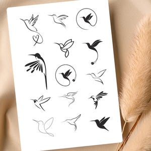 14 Small Hummingbird Temporary Tattoos – Minimalist Black Ink Bird Designs