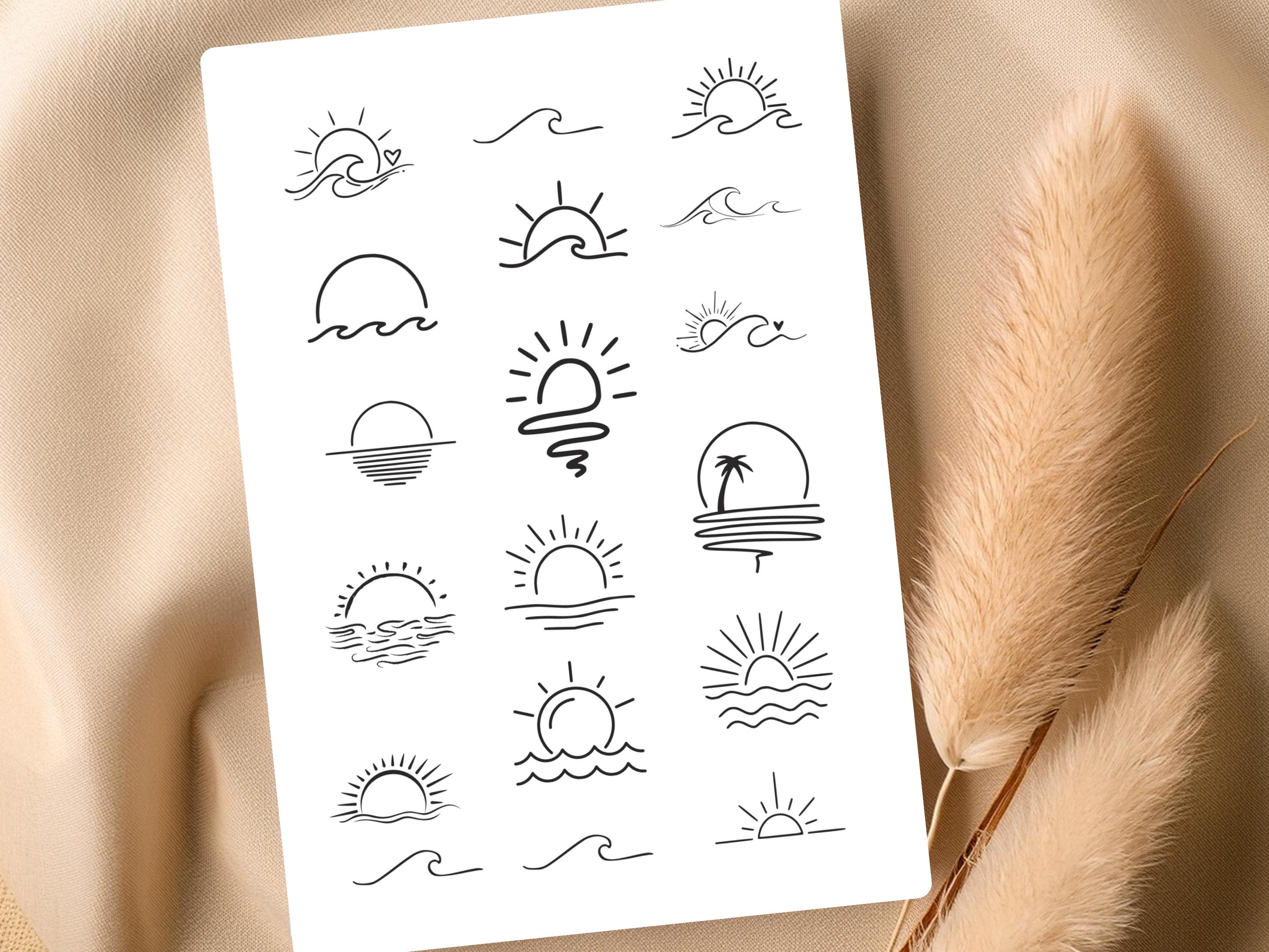 Wave & Sun Temporary Tattoos – 18 Small Minimalist Black Ink Designs – Beachy Fake Tattoo Set for Women and Men – Chill Vibes