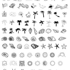 Puede incluir: Una colecci&oacute;n de ilustraciones en blanco y negro sobre temas de verano y playa. Las ilustraciones incluyen palmeras, conchas marinas, estrellas de mar, olas, gafas de sol y varios dise&ntilde;os de sol.