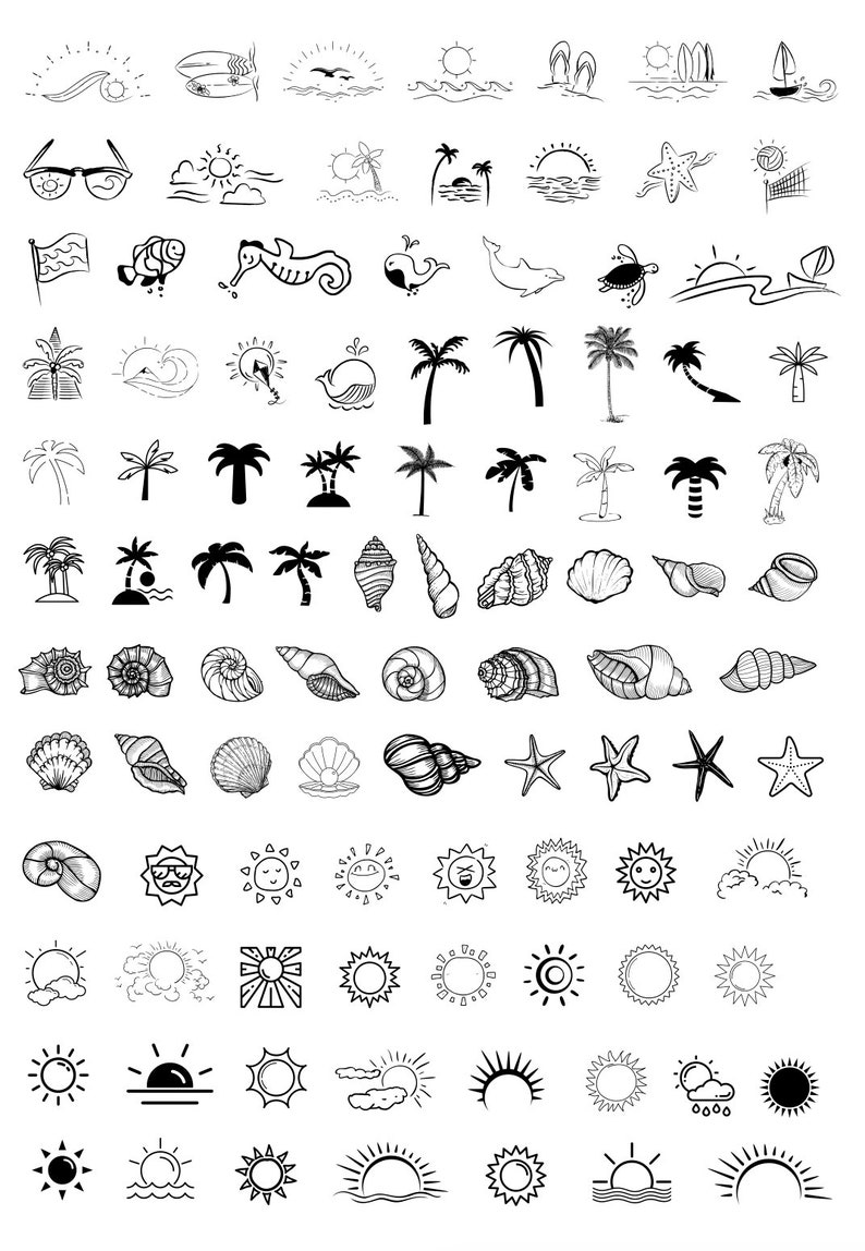 Puede incluir: Una colecci&oacute;n de ilustraciones en blanco y negro sobre temas de verano y playa. Las ilustraciones incluyen palmeras, conchas marinas, estrellas de mar, olas, gafas de sol y varios dise&ntilde;os de sol.