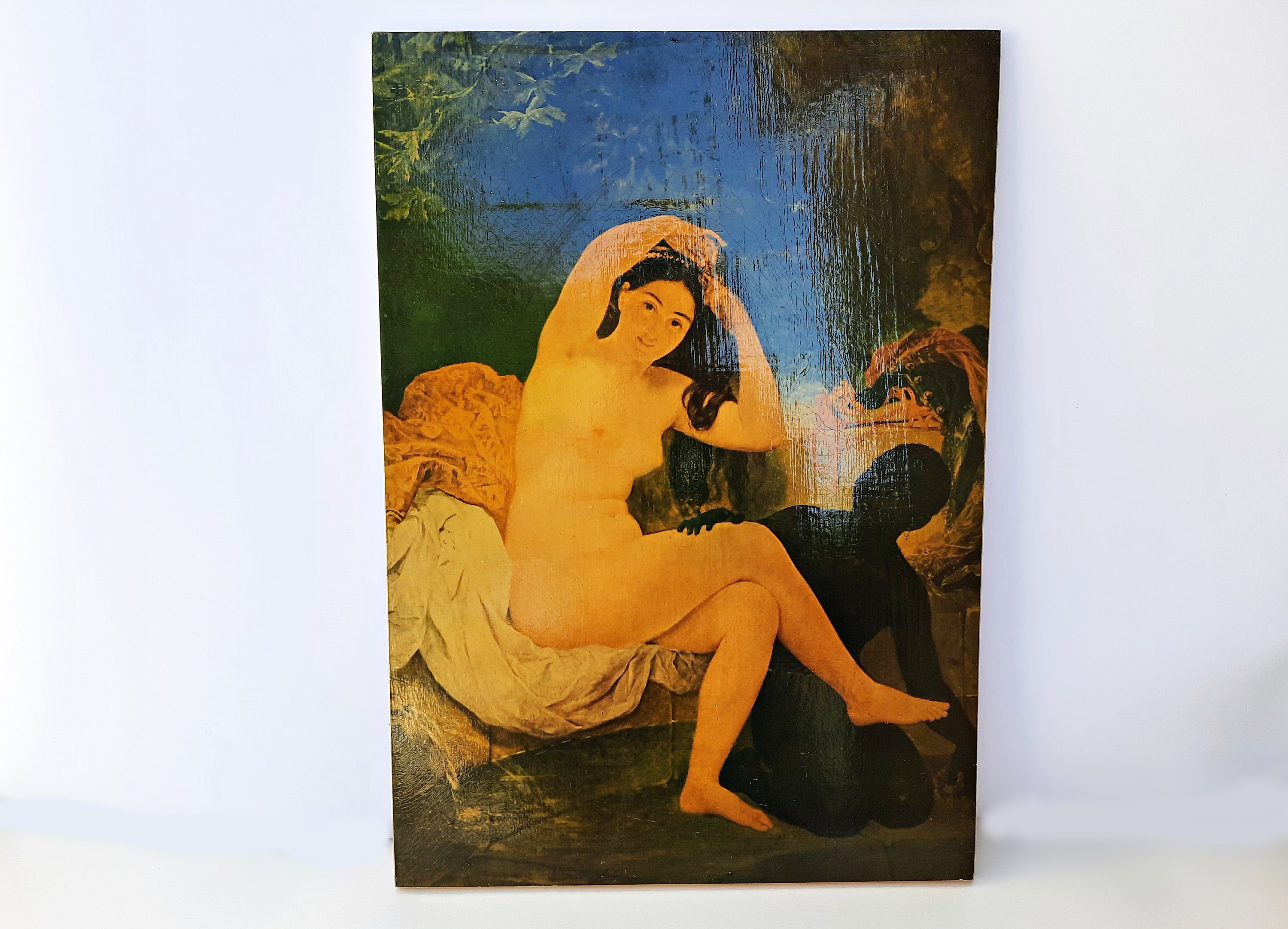 Vintage wooden lithography painting  Virsavia, or Bather with a Negro Slave  1970s , USSR wall decor