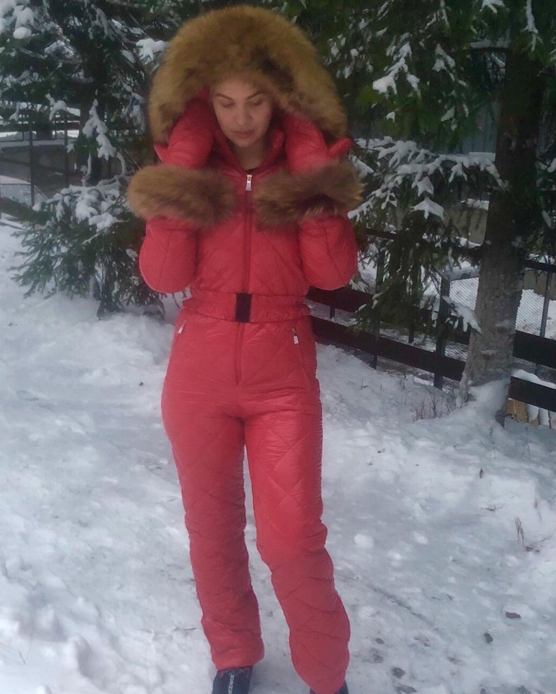 Ski Suit Women red with fur Women Snowsuit onepiece Etsy