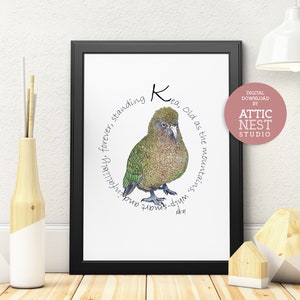 Kea Parrot - New Zealand Native Bird - Digital Download Format, Print at home, NZ Art, Watercolor Paint Print, Home Decor, Haiku Poem