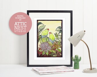 Kakariki Papagei - Neuseeland Native Bird - Von original Linoldruck-Design, digitaler Download Format, Druck zu Hause, NZ Art