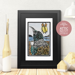 Tui - Pájaro nativo de Nueva Zelanda - Letra grande del diseño de impresión lino original, Formato de descarga digital, Impresión en casa, Kowhai, Arte de Nueva Zelanda