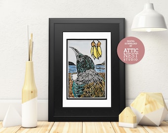 Tui - New Zealand Native Bird - Large Print from original lino print design, Digital Download Format, Print at home,  Kowhai, NZ Art