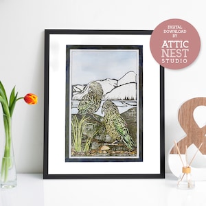 Kea Parrot - New Zealand Native Bird - Large Print from original lino print design, Digital Download Format, Print at home, NZ Art