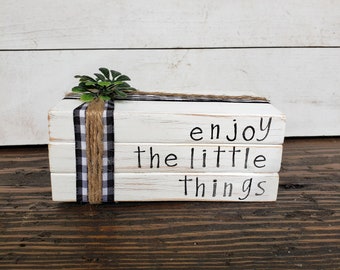 Enjoy The Little Things| Rustic Tiered Tray Decor| Farmhouse Decor| Home Decor| Wood Stacked Book Decor| Housewarming Gift