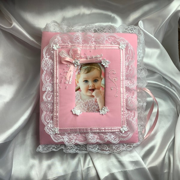 Pink Lace Baby Scrapbook Photo Album // Handmade Newborn Baby Shower Gifts Custom Floral Crafts Memory Book