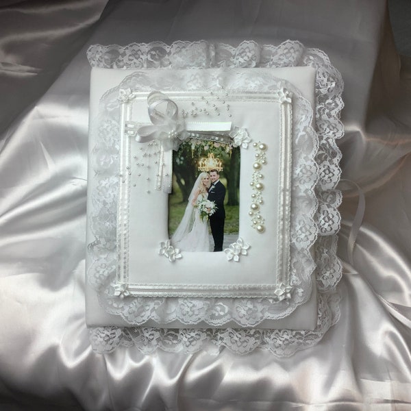 White fabric wedding photo album