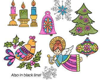 Christmas Clip Art Set Digital Download 70s Retro Vibe 300 DPI Sublimation PNG with Transparent Background