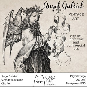 Angel Gabriel Vintage Illustration | Clip Art Stamp | Digital Download | Instant Download | 300 DPI PNG with Transparent Background