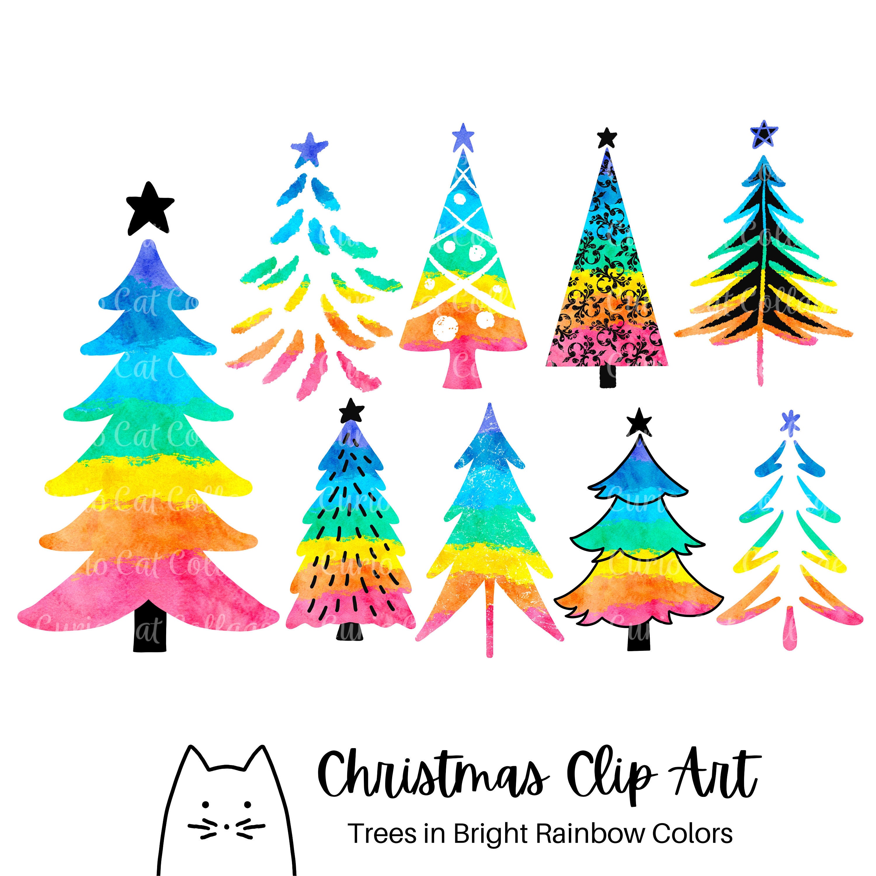 Rainbow Christmas Tree Clip Art Bright Rainbow Trees Sublimation