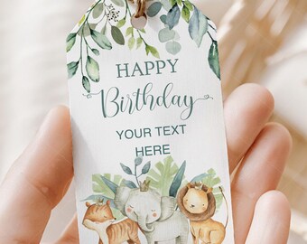 Tag di buon compleanno modificabili, animali del safari, stampa acquerello, compleanno bambini, tag stampabile, modello modificabile, download immediato
