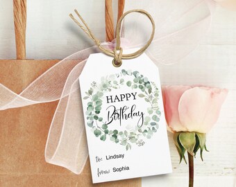 Tag modificabili di buon compleanno, tag stampabili, tag regalo di compleanno Download istantaneo Tag regalo Modello modificabile verde eucalipto