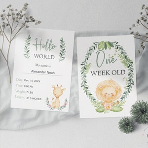 Baby Monthly Milestone Card Printable Safari baby animals, gender neutral baby, shower gift