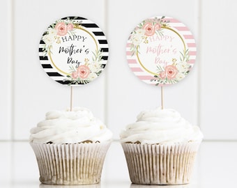 Mothers Day Cupcake Toppers, Printable topper, Digital Download, Happy Mother's Day Floral Blush Pink and Black Instant Download, 2x2 inches