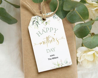 Etiqueta editable del Día de la Madre Feliz, Etiqueta del Día de las Madres imprimible Etiqueta de regalo Etiqueta del Día de la Madre Hojas de oro verde, Descarga instantánea