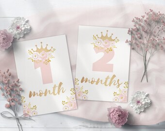 Biglietto mensile principessa floreale blush e oro. Traguardo mensile per bambina. Biglietto mensile per bambino stampabile