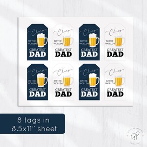 May include: Printable sheet of eight gift tags featuring a beer mug and the text "Cheers to the world's greatest dad". The tags are designed in a blue and white color scheme.