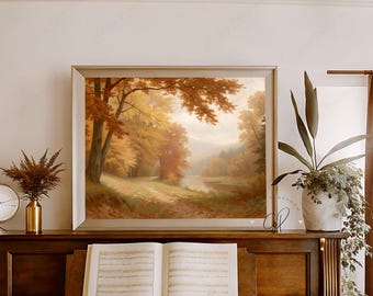 Stampa di paesaggio autunnale della foresta, arte murale autunnale vintage, decorazione autunnale digitale per la casa, pittura ad olio tradizionale, colori autunnali vivaci