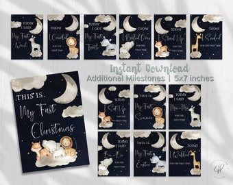 Scheda Baby Milestone stampabile, pietre miliari aggiuntive, Luna, stelle, animali Safari, bambino neutro rispetto al genere, regalo doccia