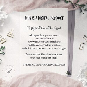 May include: A digital product announcement with text stating no physical item will be shipped. Includes instructions for accessing downloads on Etsy.com. The image features gold paper clips, floral accents, and the text "THIS IS A DIGITAL PRODUCT".