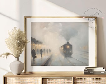 Quadro da parete in stile vintage per stazione ferroviaria • Stile tradizionale di pittura ad olio • Stampa digitale di ferrovia nebbiosa • Poster di treno a vapore • Decorazione da viaggio suggestiva