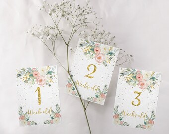 Biglietto mensile floreale blush e oro per bambina