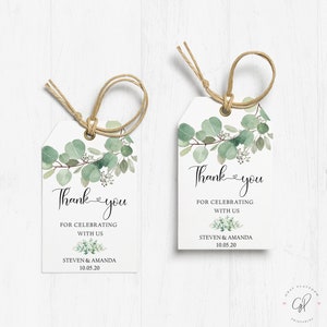 Étiquettes de remerciement imprimables Verdure Étiquettes de cadeaux de mariage, baby shower, feuilles d'eucalyptus aquarelle modifiables téléchargement immédiat