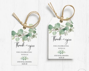 Thank You Tags Printable Gift Tags Greenery Wedding Favor Tags, Baby shower, Editable Watercolor Eucalyptus Leaves Instant Download