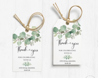 Bedankkaartjes afdrukbare cadeaukaartjes groen bruiloft gunstkaartjes, babyshower, bewerkbare aquarel eucalyptusbladeren direct downloaden