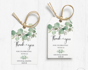 Etichette di ringraziamento Etichette regalo stampabili Etichette per bomboniere nel verde, Baby shower, Foglie di eucalipto acquerello modificabile Download istantaneo