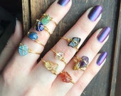 Raw Crystal ring, gemstone ring, wire wrapped crystal rings, stacking rings, healing crystal rings, Gold crystal rings