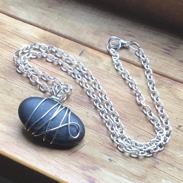 Black river stone wire wrapped necklace, River rock wire wrapped necklace, One of a kind rock necklace, Black stone necklace