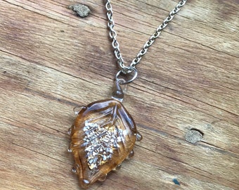 Autumn leaf glass necklace, Maple leaf necklace, Leaf necklace, Silver leaf necklace