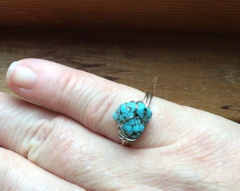 Silver turquoise wire wrapped ring, Turquoise solitaire ring, Blue gemstone ring, Blue crystal ring