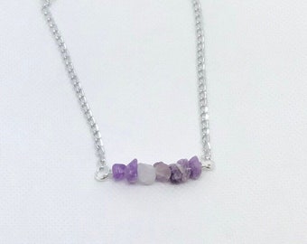 Raw Amethysts crystal bar necklace, Amethyst gemstone necklace, Purple gemstone necklace