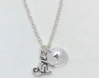 Personalized silver monkey charm necklace, Custom  monkey necklace, Ape necklace, Jungle animal jewelry, add initial disc