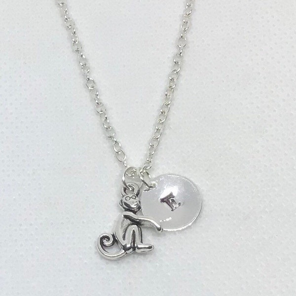 Personalized silver monkey charm necklace, Custom  monkey necklace, Ape necklace, Jungle animal jewelry, add initial disc