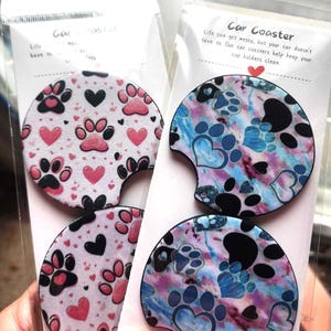 Cute Car Coasters, Paw Prints, Puppy Prints, Stylish, with Anti-Slip Backing, absorbent mat 2 pack