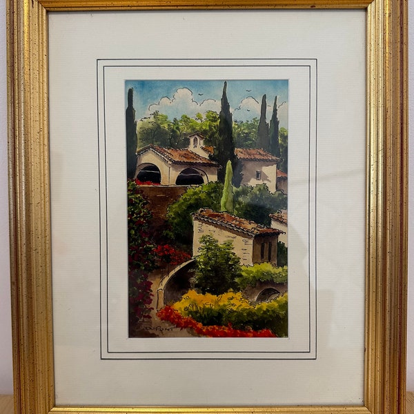 Cote d'Azur Aquarelle Painting, Original Signed Painting, French Villa