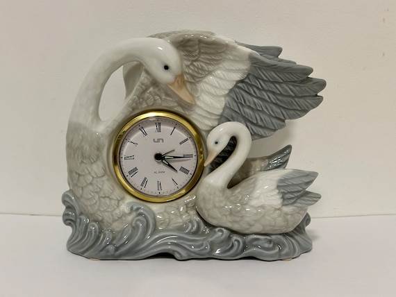 Vintage Porcelain Swan And Cygnet Figurine Clock, Made in Japan