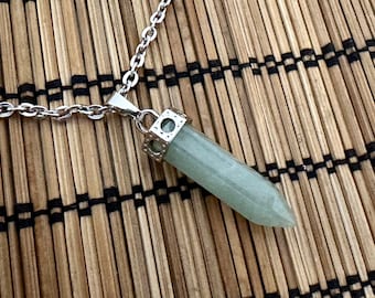 Green Aventurine Gemstone Pendant Necklace, Stainless Steel Chain