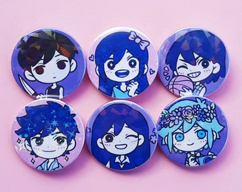OMORI CHIBI Button Pin Set 缶バッジ OMORI Holo Button Pins (1.5 Inch) - Sunny Aubrey Kel Hero Mari