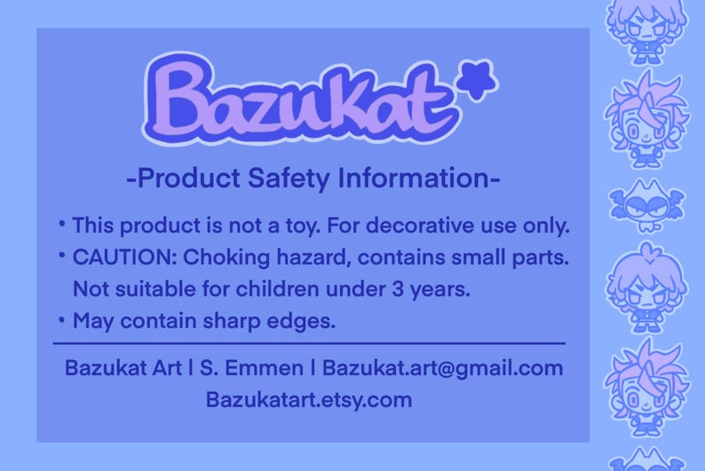 Puede incluir: Un logotipo Bazukat morado y blanco con una estrella. El texto debajo dice "Informaci&oacute;n de seguridad del producto" e incluye una lista de precauciones de seguridad: "Este producto no es un juguete. Solo para uso decorativo. ATENCI&Oacute;N: Riesgo de asfixia, contiene piezas peque&ntilde;as. No apto para ni&ntilde;os menores de 3 a&ntilde;os. Puede contener bordes afilados."