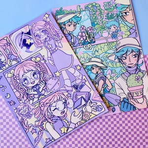 May include: A set of two illustrated prints featuring cartoon characters with pastel colours and a whimsical style. The prints feature a pink and purple colour scheme with stars, planets, and other space-themed elements. The prints are perfect for adding a touch of whimsy to any room.