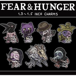 May include: A collection of seven Fear & Hunger charms measuring 1.3 to 1.5 inches. The characters include a crow-headed figure, a purple cat-like creature, a man in a fedora with a gun, a jester, a stitched-face figure, a horned beast, and a masked figure.